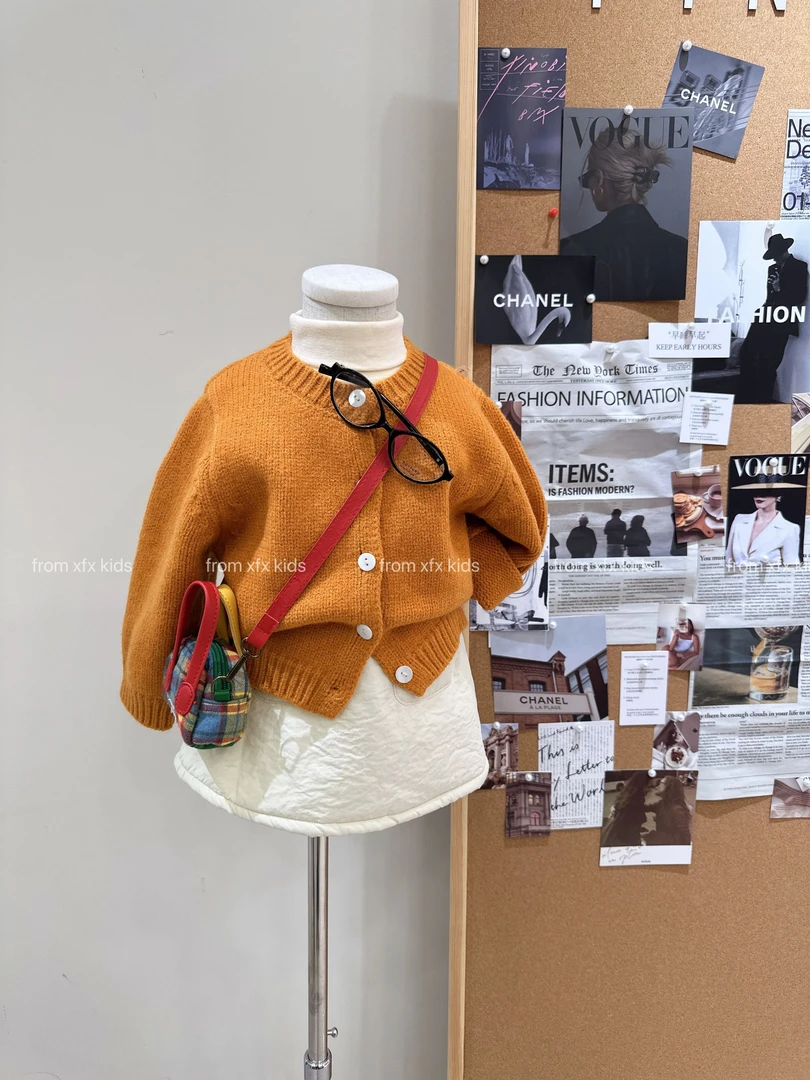 小粉象 ·女童2025冬季新款韩版南瓜色开高领打底衫纯色棉裙套装