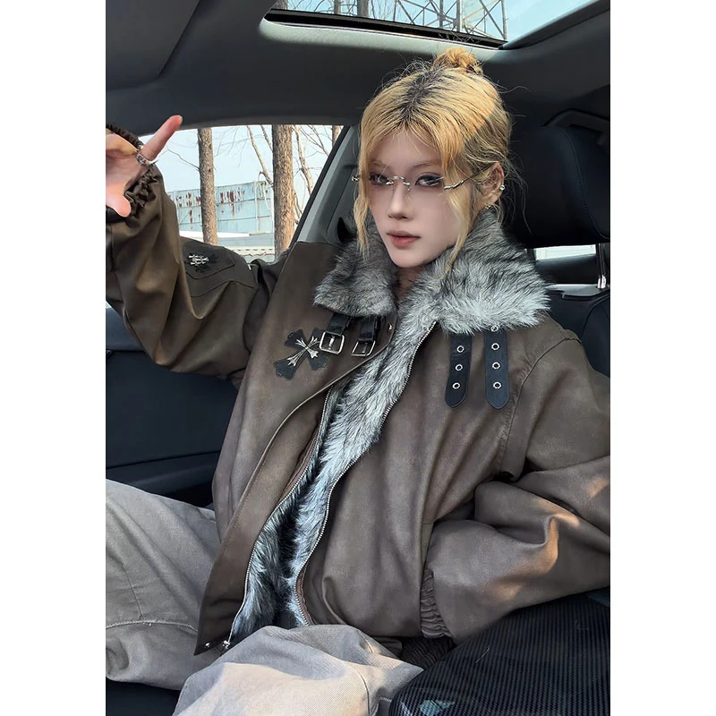 毛茸茸美式十字架加厚座山雕毛领棉衣男冬保暖设计感宽松夹克外套