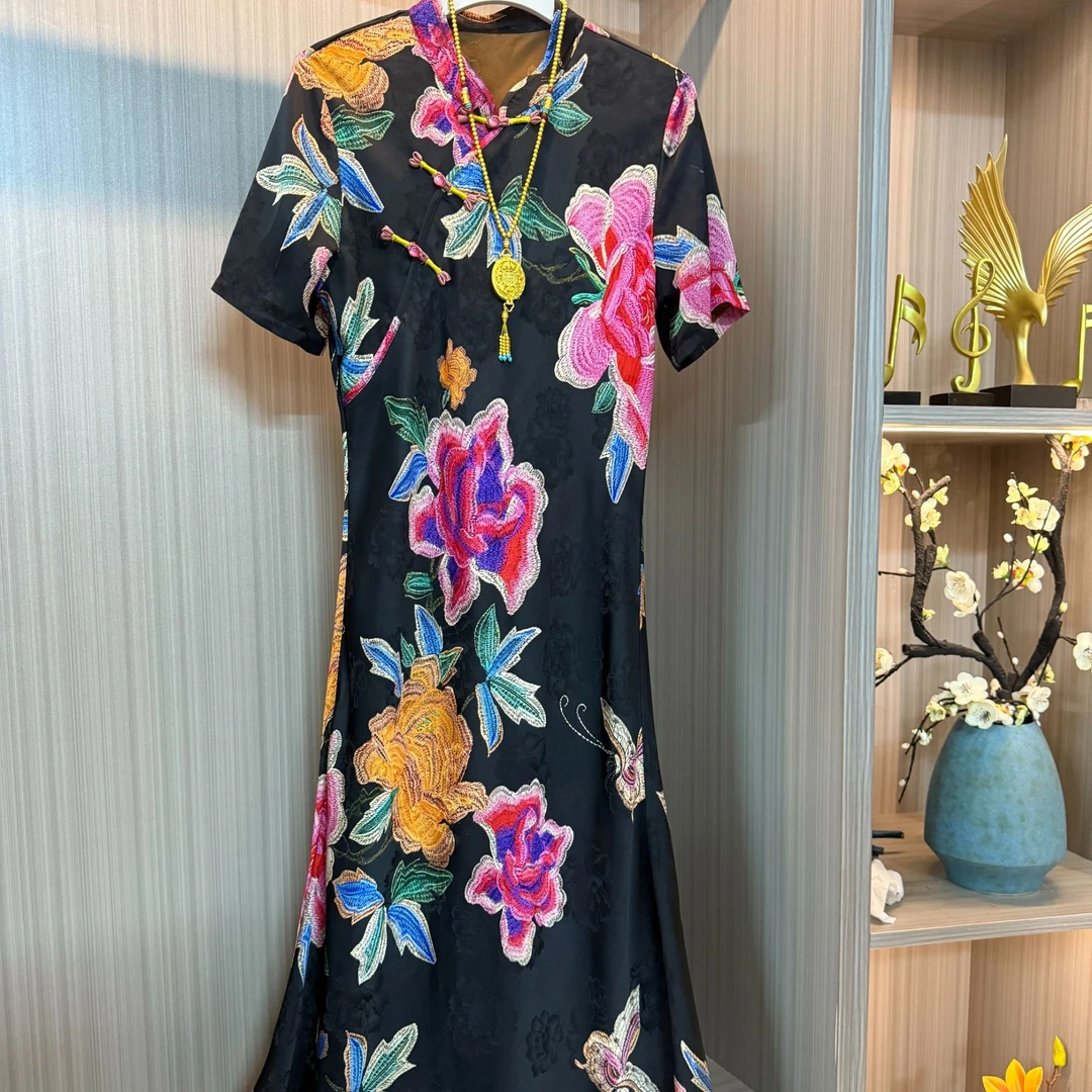 0275-常熟新中式夏季鱼尾款长款绣花复古连衣裙