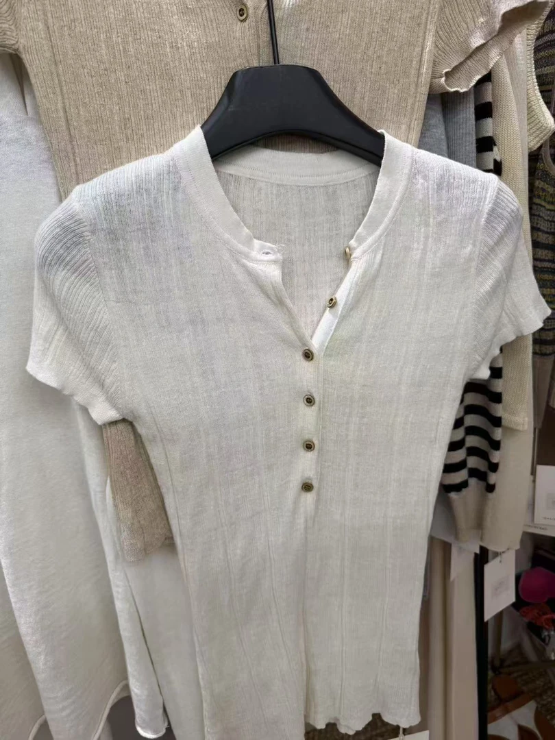 气质款 修身弹力扣子短袖T恤打底衫