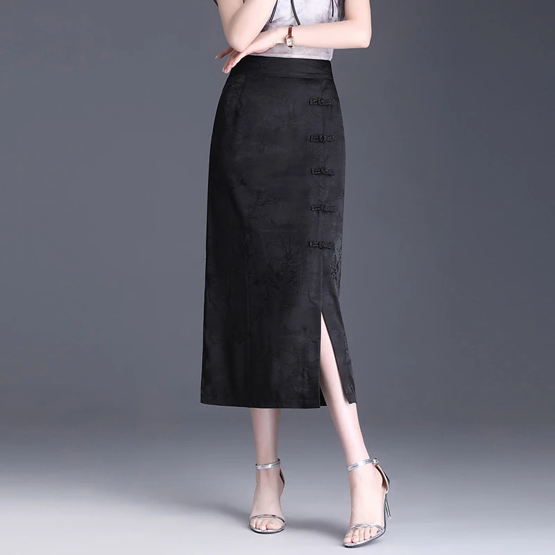 拉夏贝尔盘扣旗袍式包臀半身裙女夏季2025新款高腰中式国风一步裙