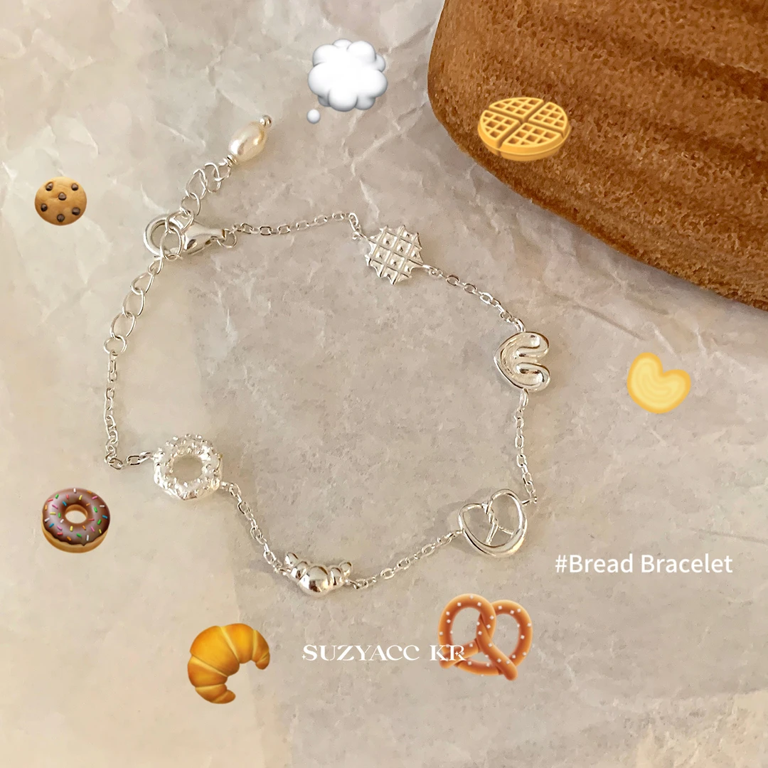 Suzyacc Kr淡水珍珠925银面包手链可颂碱水结手饰C2152