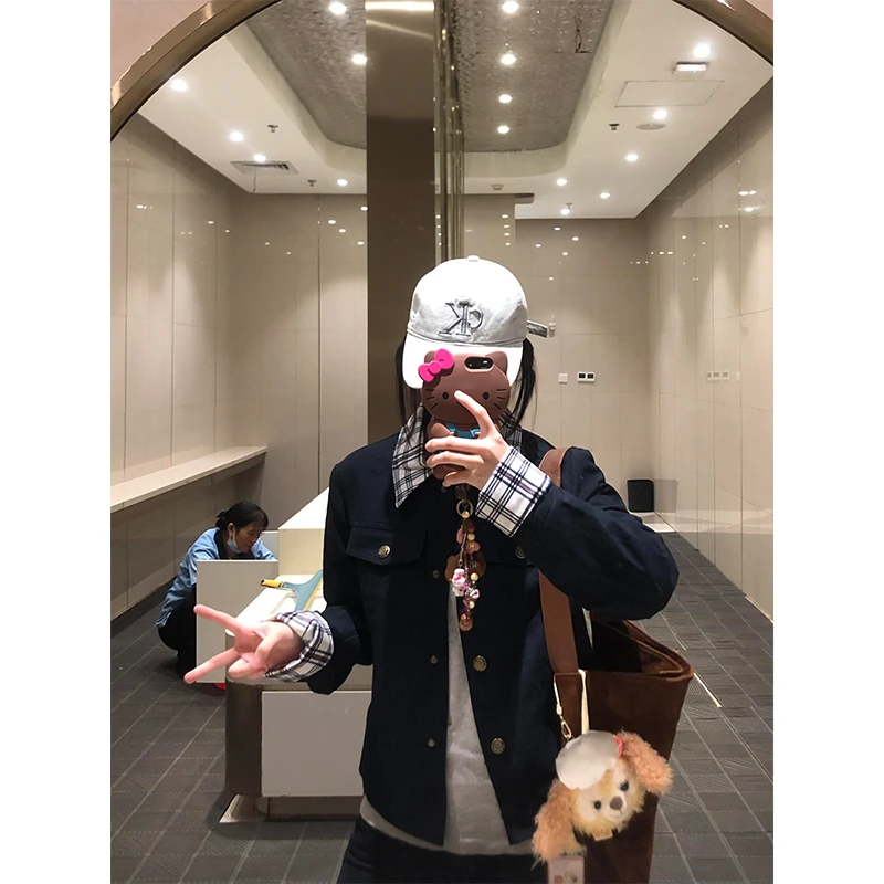 2025早秋季新款美式复古格纹拼接工装外套女宽松休闲时尚百搭上衣