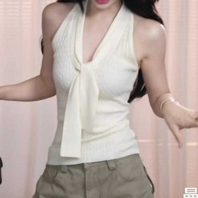 夏季法式韩系别致V领披肩飘带显瘦修身背心LK2504193