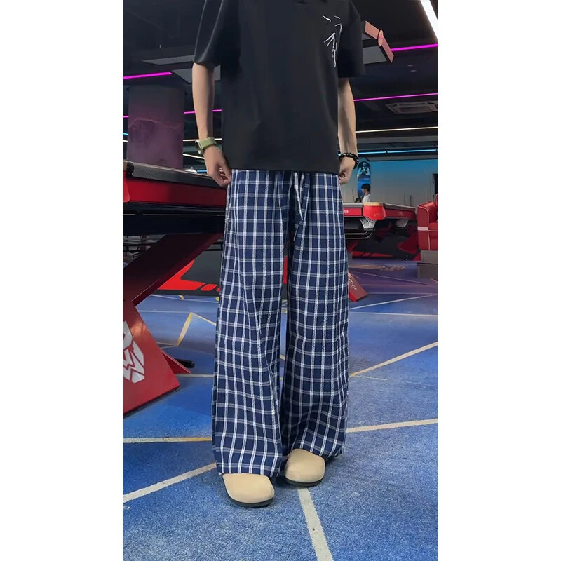 美式藏蓝色男士休闲格子裤夏季肌理感泡泡纱长裤冰丝速干直筒裤子