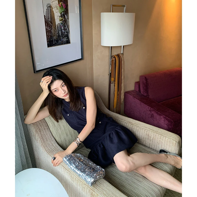 【ALONE SAVOR】龍喜儿 普鲁士蓝调 小香风缎面背心连衣裙Z859