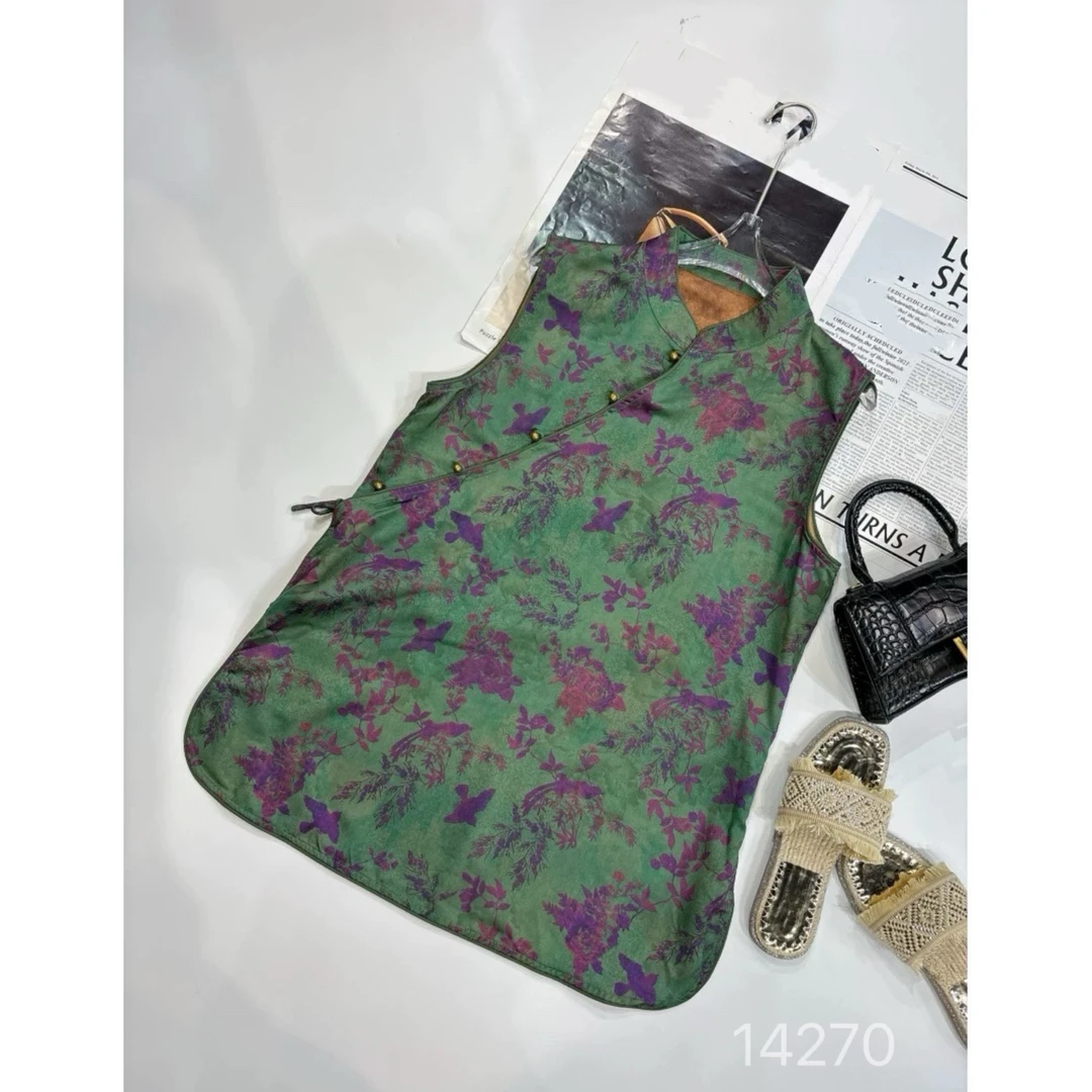 14270 SANFAN  新款绿色印花无袖背心上衣