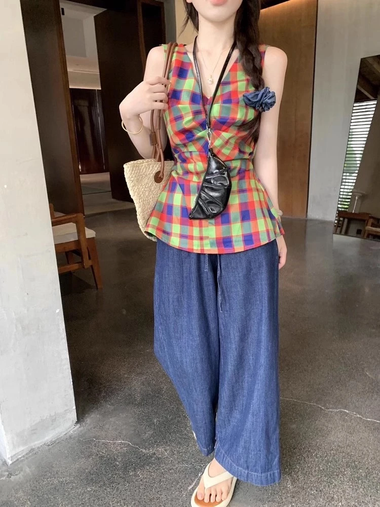 8029夏季新款格子v领衬衫无袖上衣女