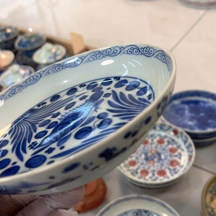 摆件陶白青花鱼藻壶承全品