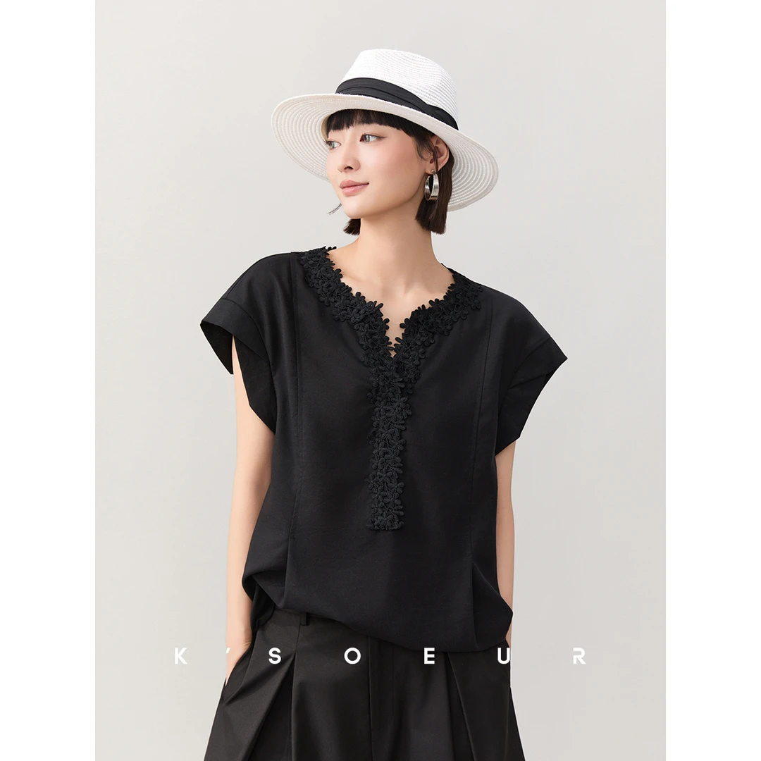 K姐KSOEUR【黑色浪漫】莱赛尔重工刺绣+立体花苞袖通勤宽松小衫女