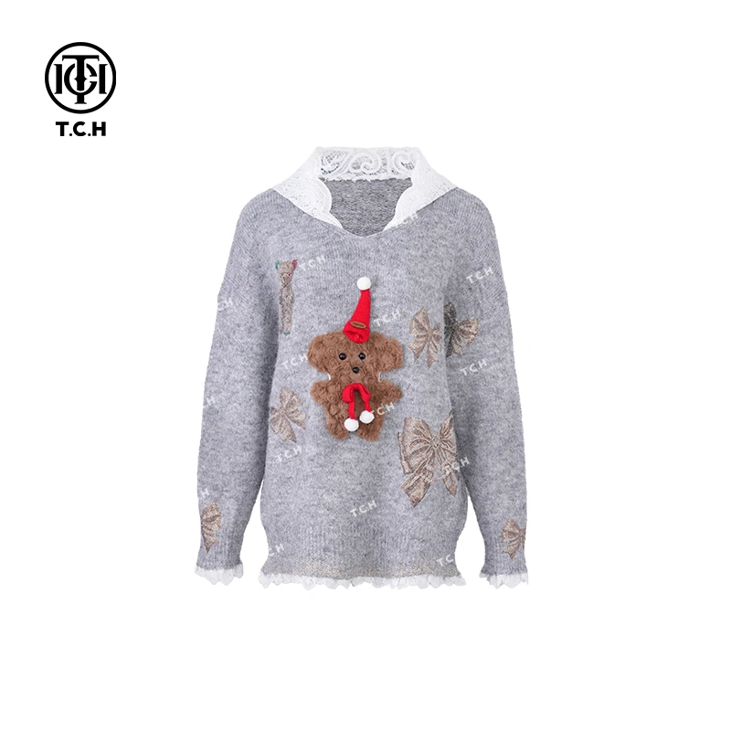 私服-TCH潮牌24秋冬新款毛线小狗可爱时尚连帽针织衫T72C09E5239