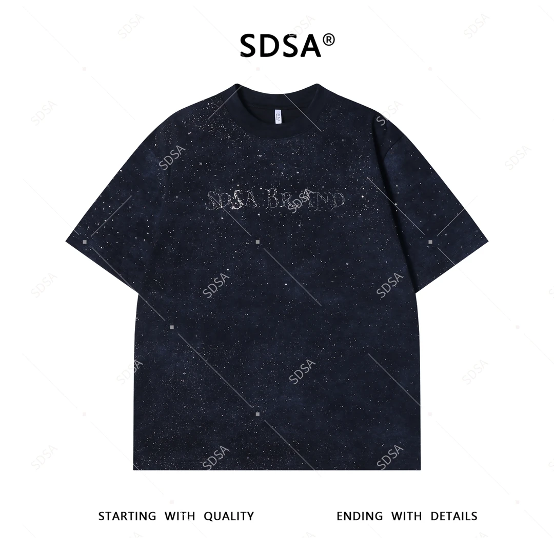 夏季高级感新款男士痞帅满天星烫钻字母短袖T恤时尚圆领宽松上衣