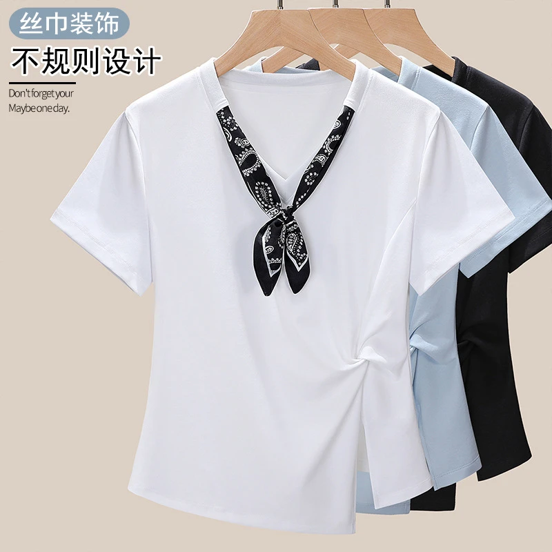 高级感丝巾T正肩短袖t恤女士2025夏季大码女装遮肚独特漂亮上衣