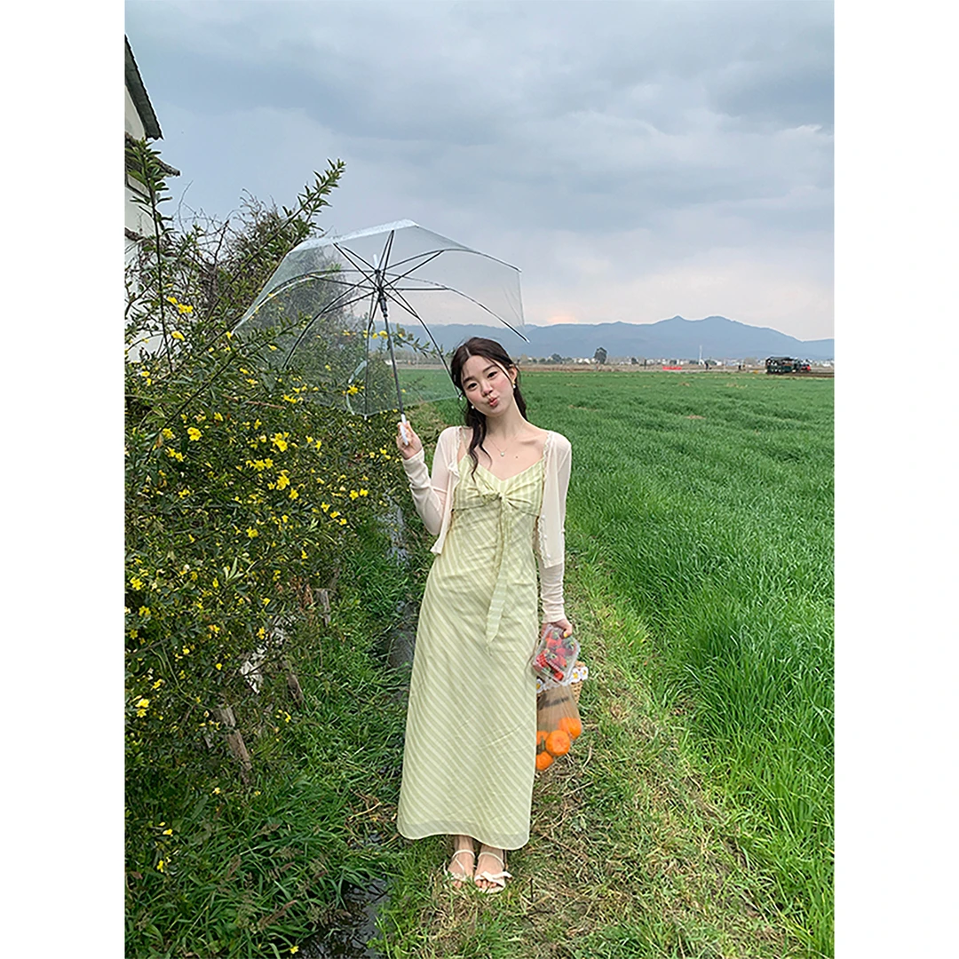 火火火【春日序章】韩系系带斜条纹v领吊带连衣裙L30704HH52