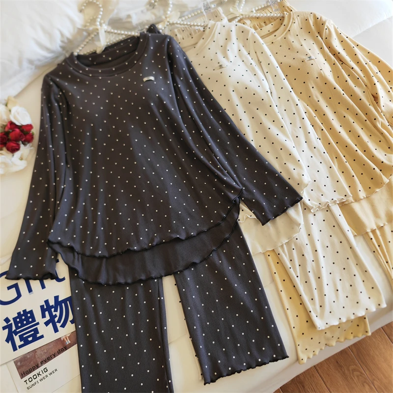 薄绒软糯波点长袖睡衣女春秋冬季德绒甜美慕斯棉绒保暖家居服套装