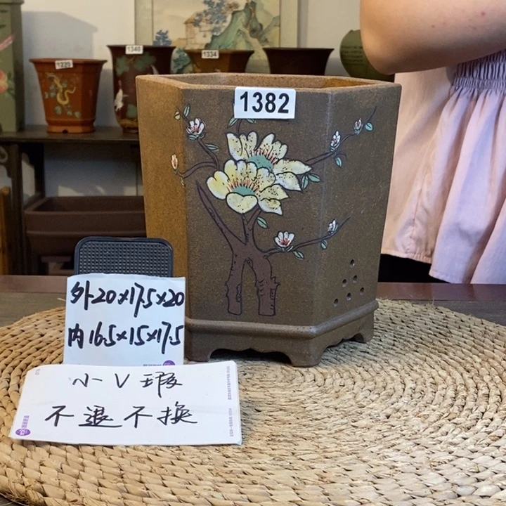 紫砂花盆 微微瑕孤品手绘六方1382