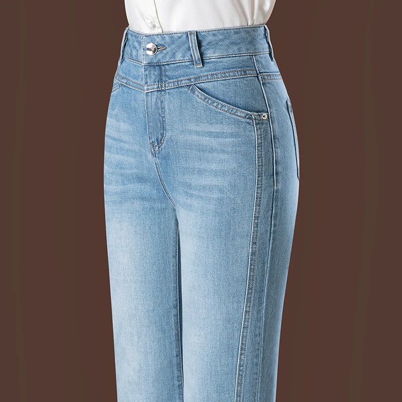 2025春夏季新款拼接微喇裤女士牛仔裤高腰显瘦薄款直筒喇叭裤子