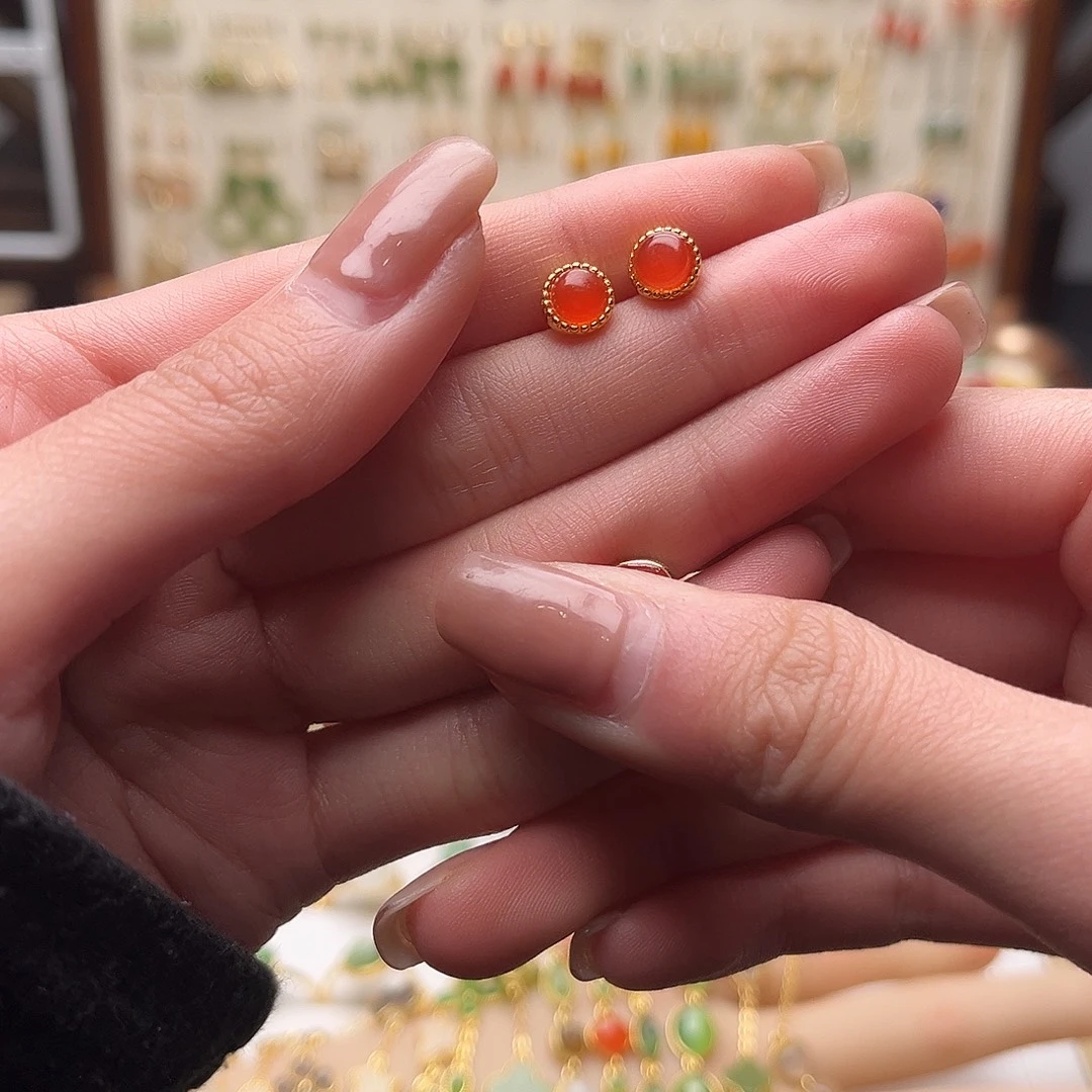 和田玉银S925镀金镶嵌耳饰