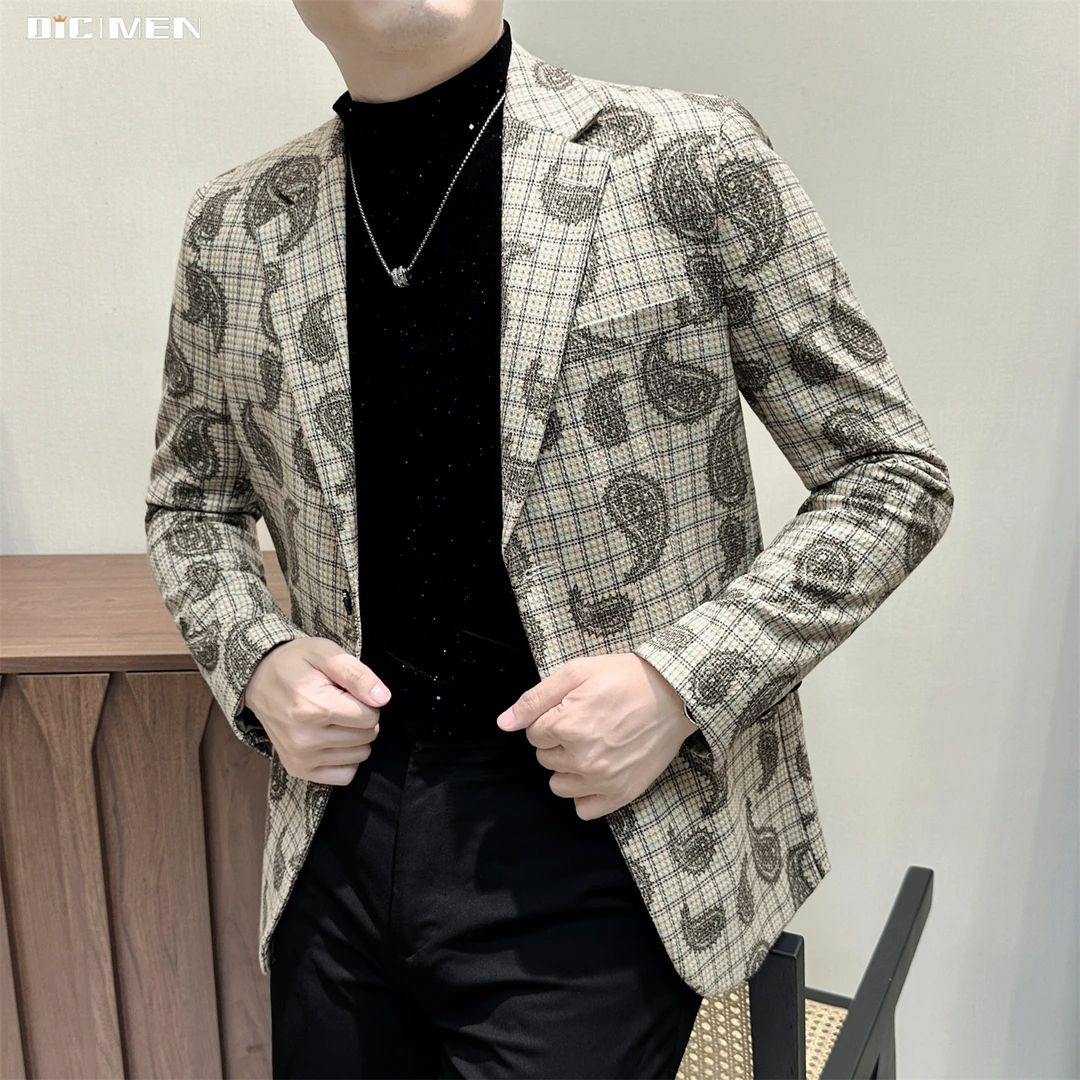 复古腰果花格纹西装外套2025新款潮流修身单西夜店风个性男士上衣