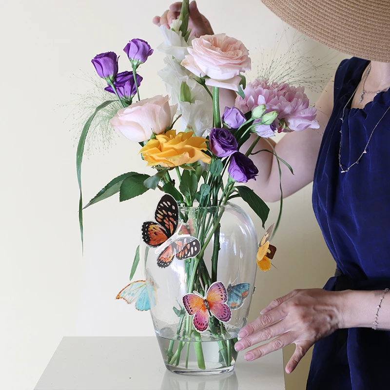 原创设计彩色蝴蝶玻璃花瓶轻奢高级感北欧客厅家居装饰摆件插花器
