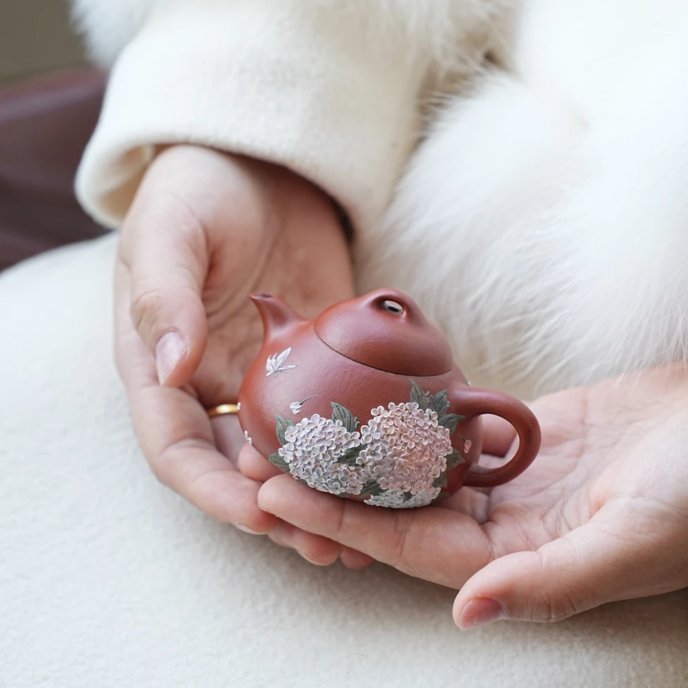 树见造物×余飞洋 | 《绣球憨瓢款二》朱泥 80cc 泥绘 紫砂 茶壶