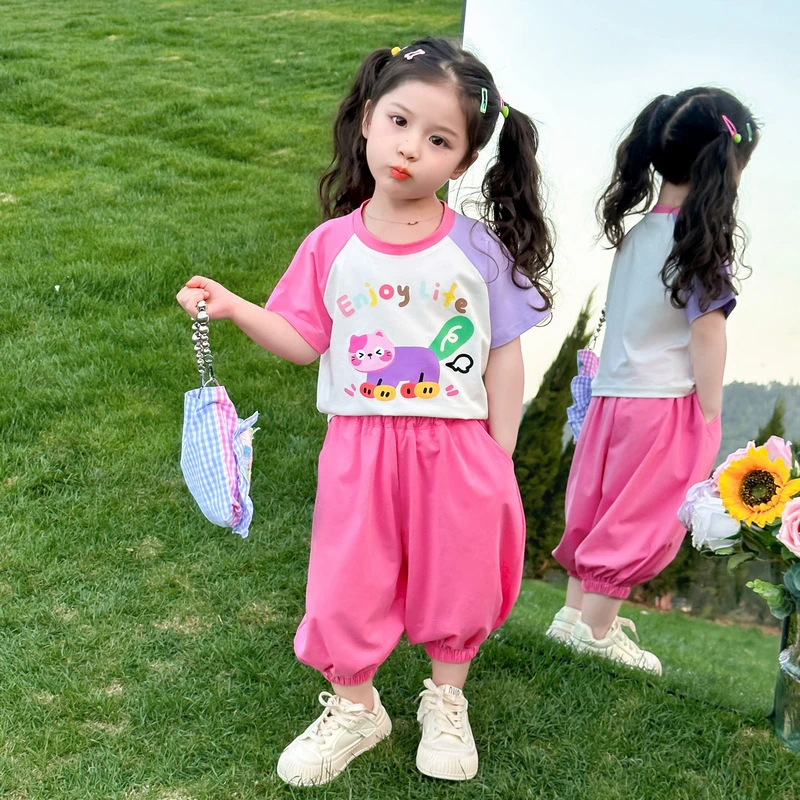 女童多巴胺短袖套装洋气儿童夏季新款女宝宝防蚊裤两江套小女孩潮