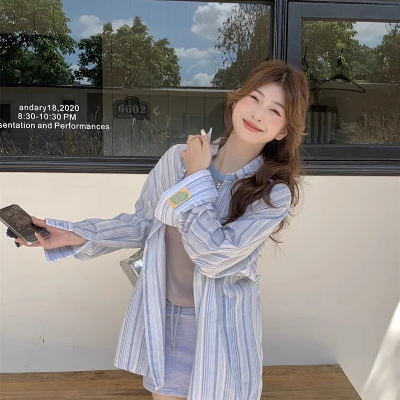 【现货】薄款衬衫上衣春秋新款设计感宽松慵懒长袖蓝色条纹休闲衬