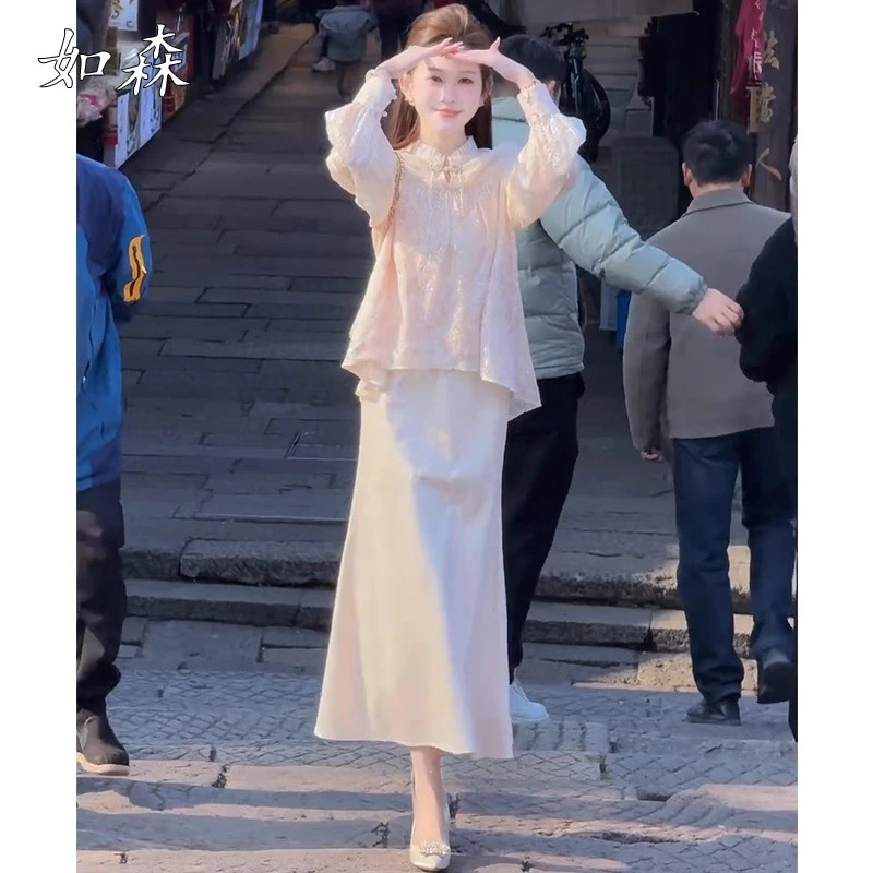 春装搭配一整套新中式女装连衣裙大码改良旗袍高级感国风长裙套装