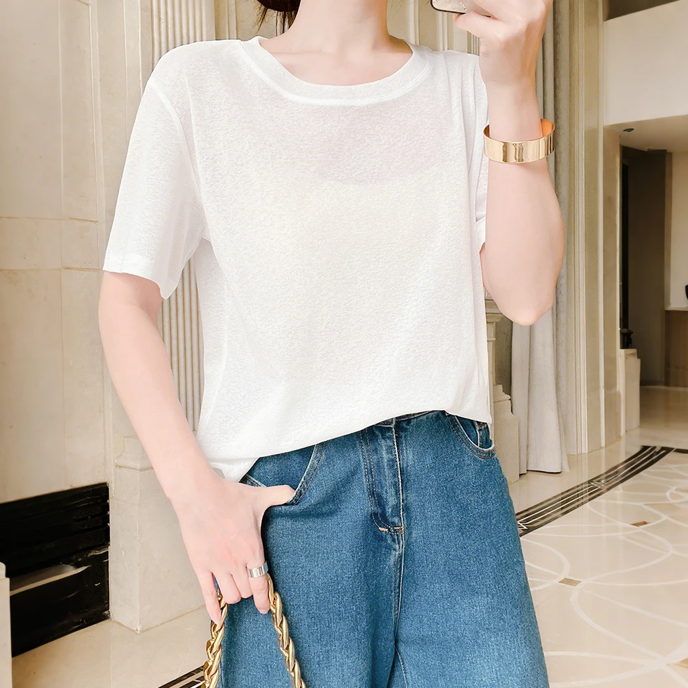夏季新款竹节棉圆领短袖T恤女宽松简约薄款设计感休闲百搭上衣潮