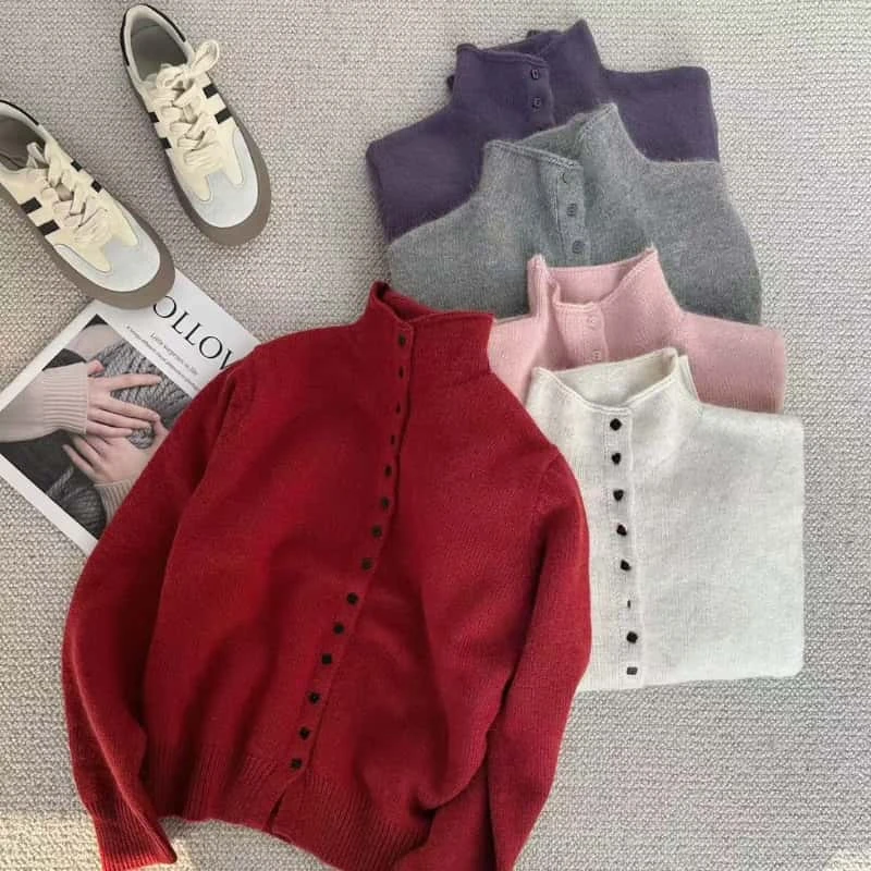 宽松半高领长袖针织开衫2025新款春季时尚纯色休闲百搭保暖打底衫