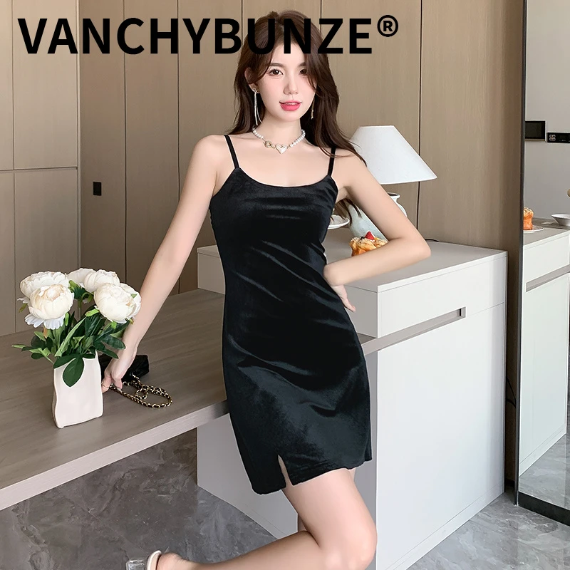 BUNZE棉绸裙子黑色丝绒吊带气质感小个子2025春夏新款法式小黑裙