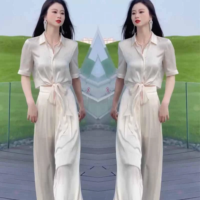 2025年夏季网红新款时尚套装女翻领系带衬衫+醋酸垂感显瘦阔腿裤