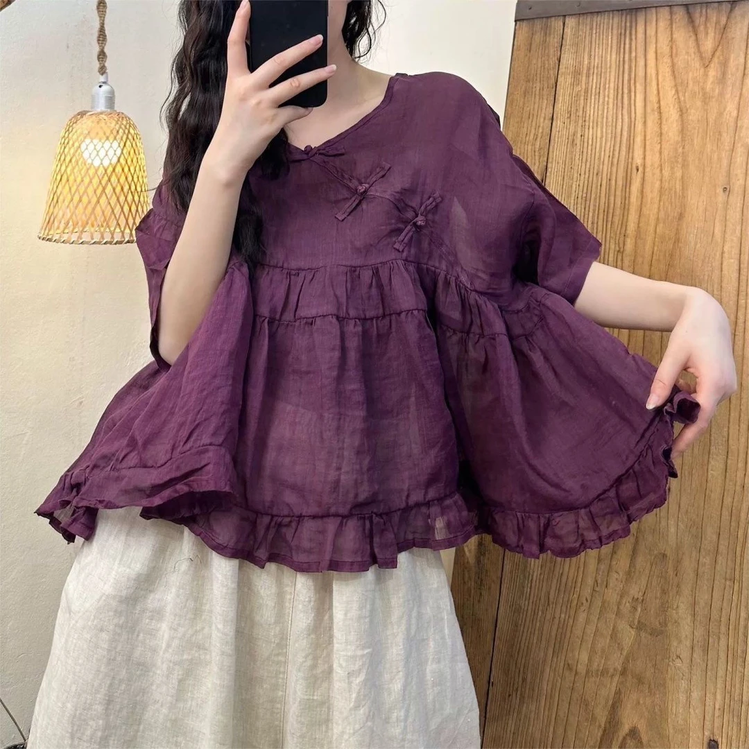 斜襟盘扣炒色苎麻衬衫女高腰拼接木耳花边下摆娃娃衫短袖上衣