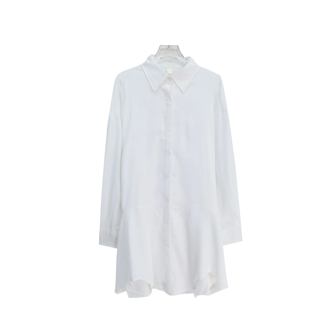 不规则纯色polo领长袖收腰衬衫连衣裙（赠腰带）S2830