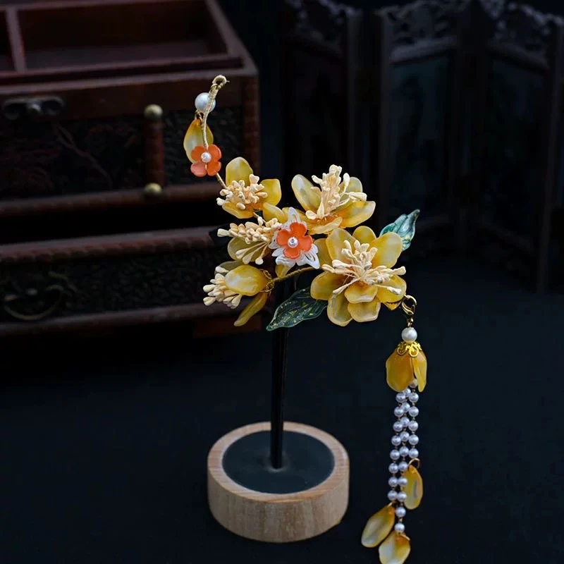 新中式橘色琉璃花仙气边夹发夹发饰头饰（1000）