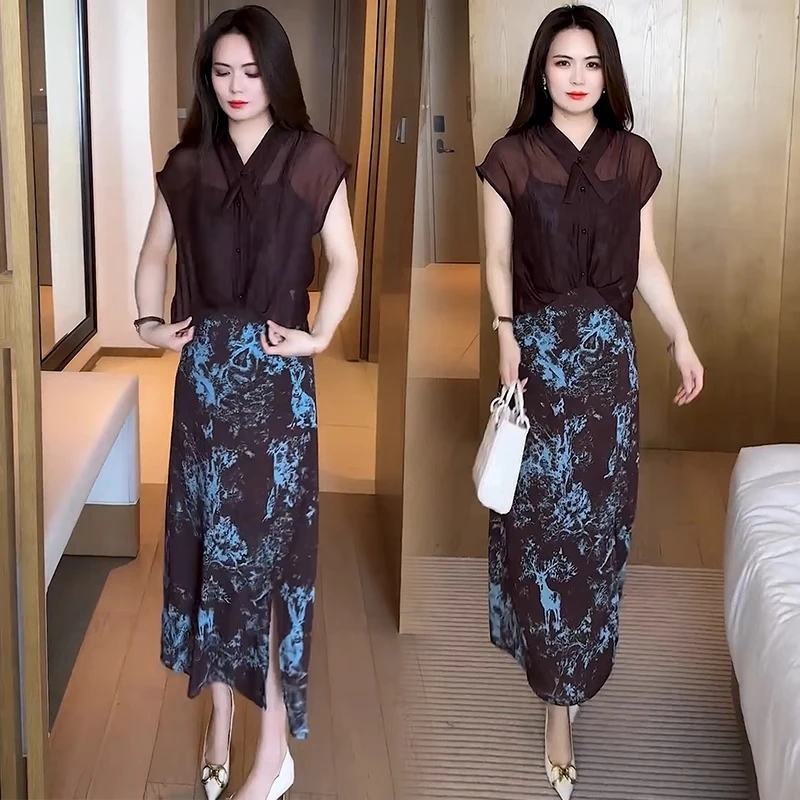 女神范时尚套装裙女士夏季新款蕾丝拼接短袖衬衫印花吊带裙两件套