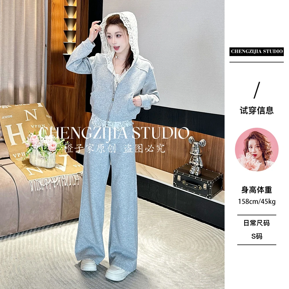 现【升级版空气棉】【裴诗婷】TZ00010蕾丝拼接带帽运动套装