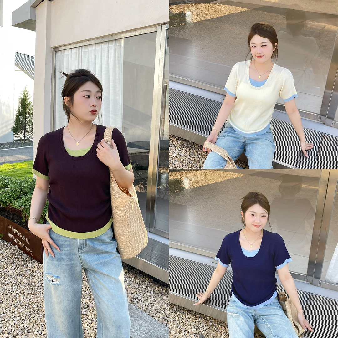 裂渡宣宣【轻简印象】微胖大码女夏气质毛织抽绳假两件T恤ZY506A19