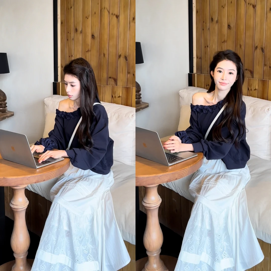 【温小柔定制.海盐天空】2025春夏新款百搭花边上衣俩件套配花圈