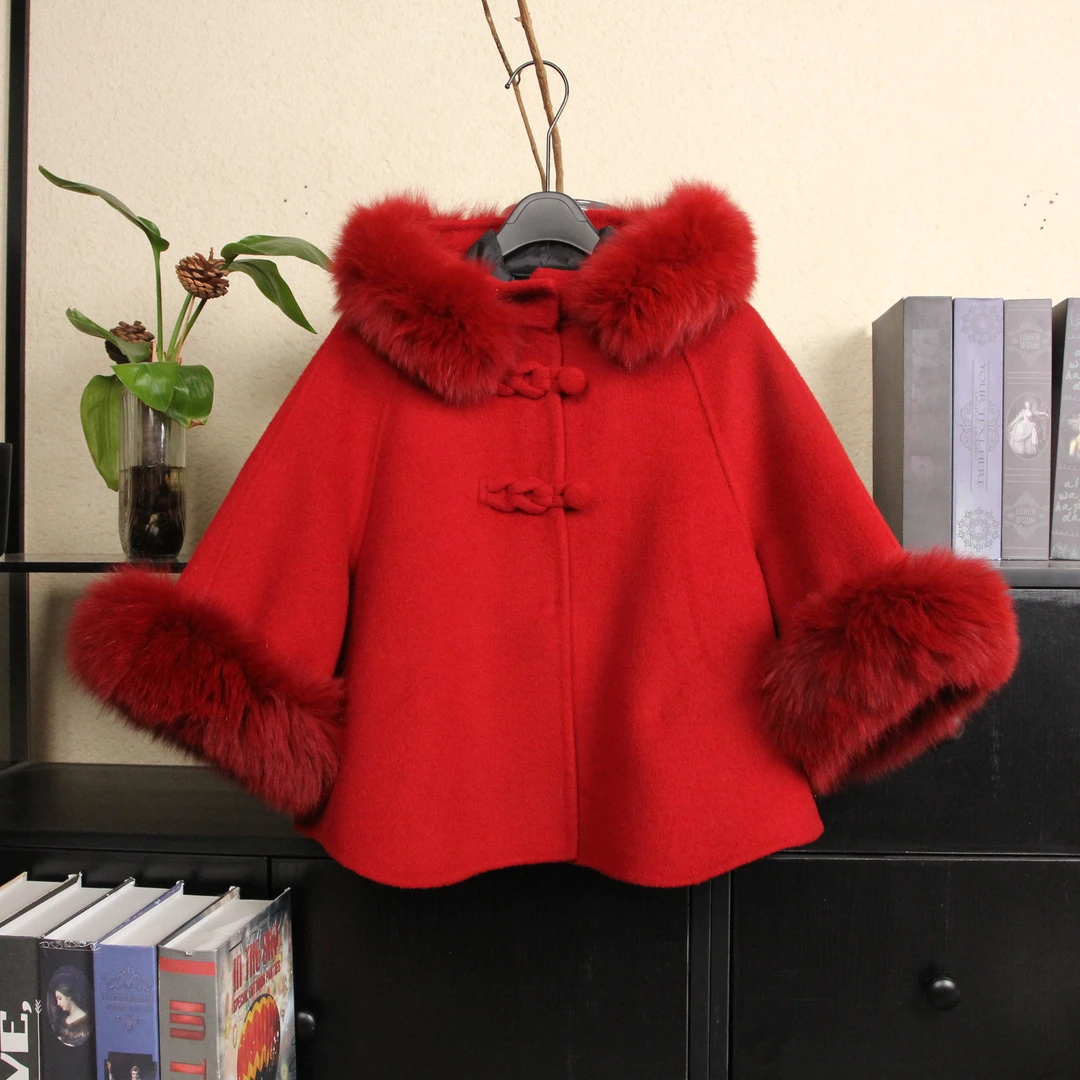 大红色真狐狸毛＋时尚斗篷女童双面羊毛大衣洋气加厚冬季新款