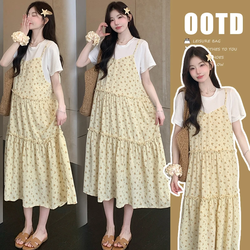 时髦孕妇装新款夏季新款韩版拼接假两件套碎花显瘦时尚减龄连衣裙