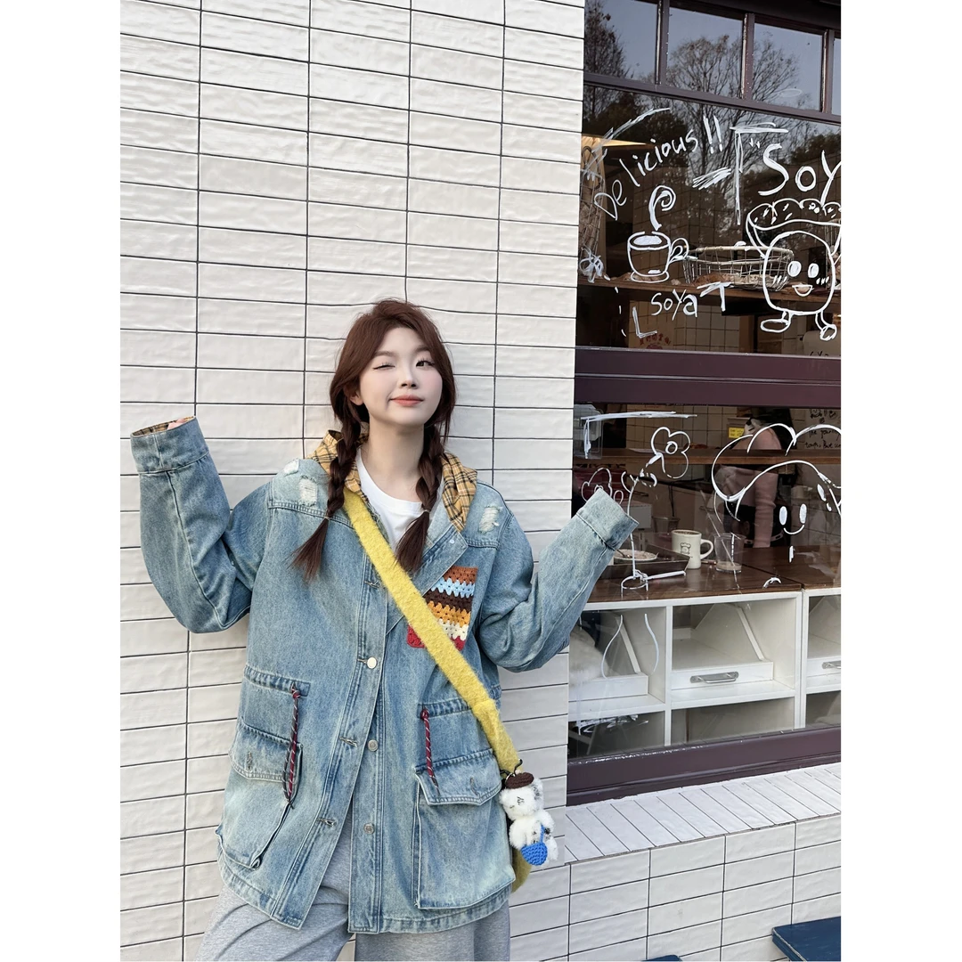 晶咕【加州之旅】水洗磨破连帽格纹拼接胸前彩色织带牛仔外套