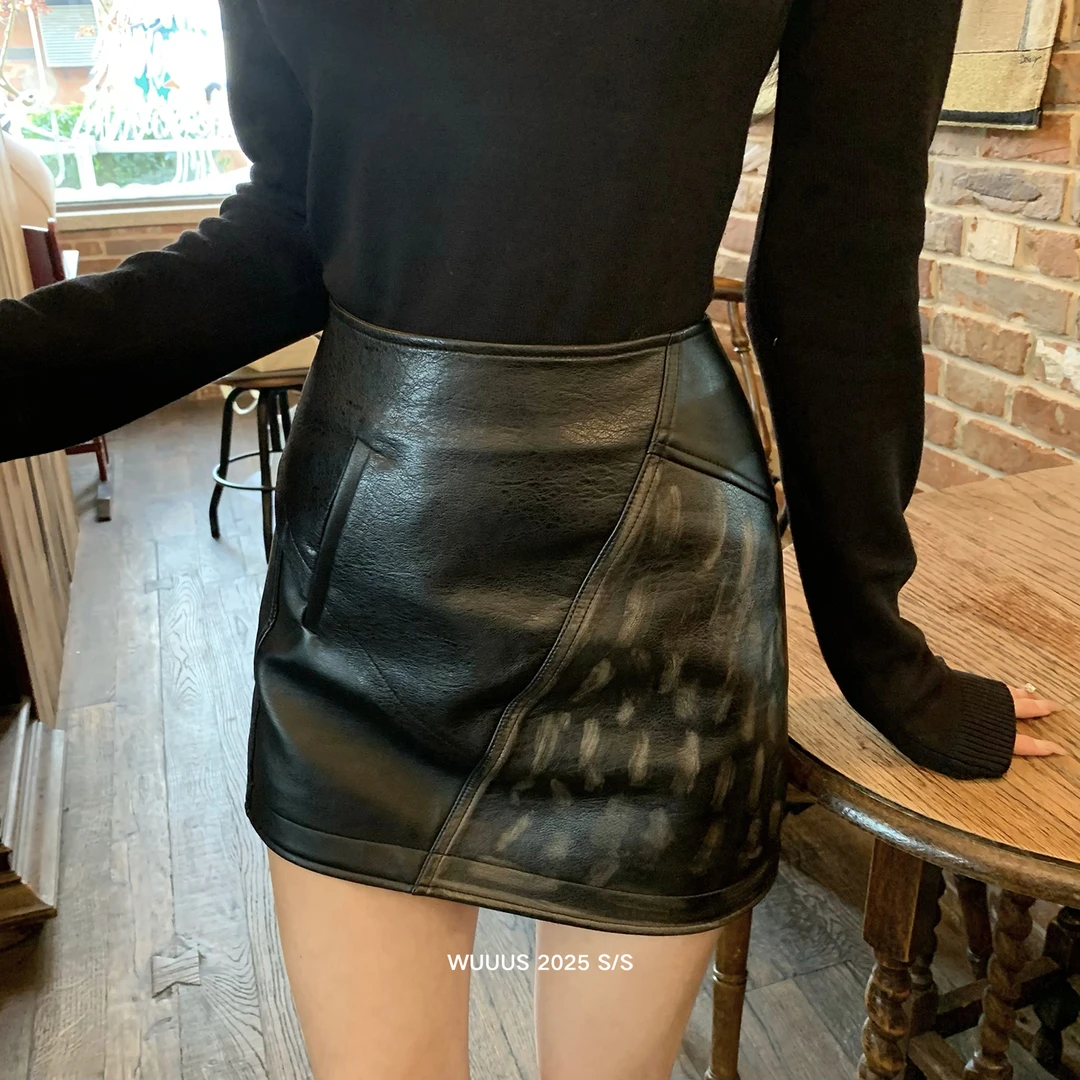 【黑胶擦色】acn*拼皮擦色半裙3063