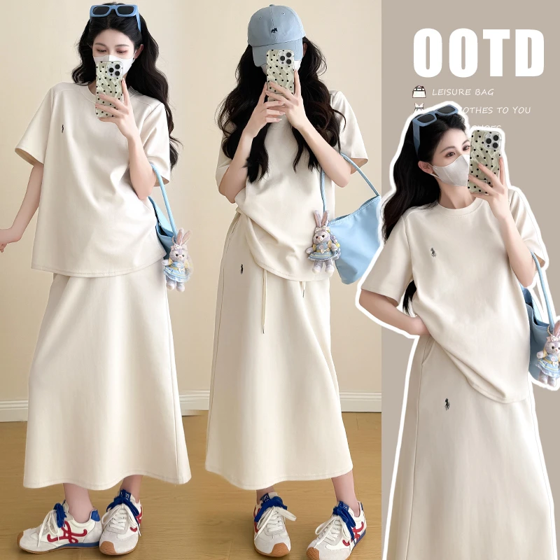 孕妇套装夏装2025新款刺绣圆领宽松上衣T恤+半身裙夏季薄款两件套