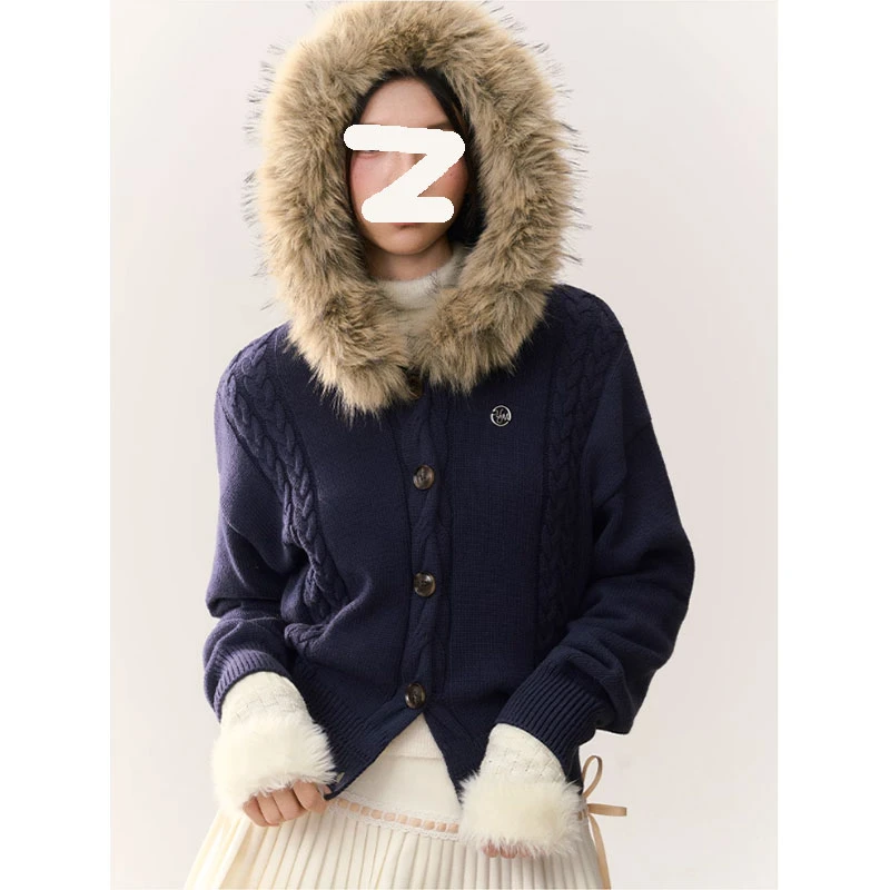 秋冬暖流美式复古连帽毛领外套女2025秋冬宽松显瘦针织毛衣开衫女