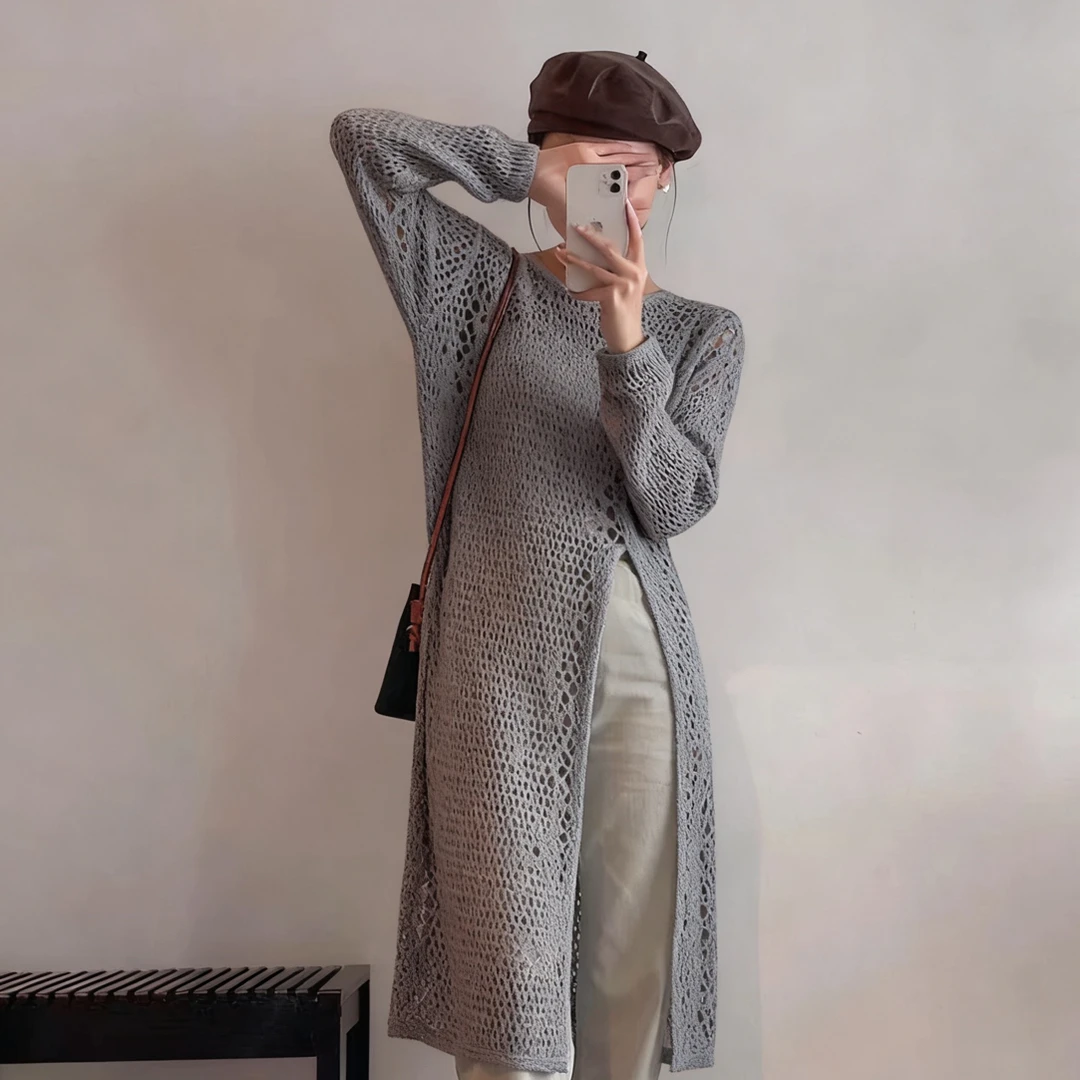 灰色镂空针织罩衫中长款上衣(以直播间为准)A428