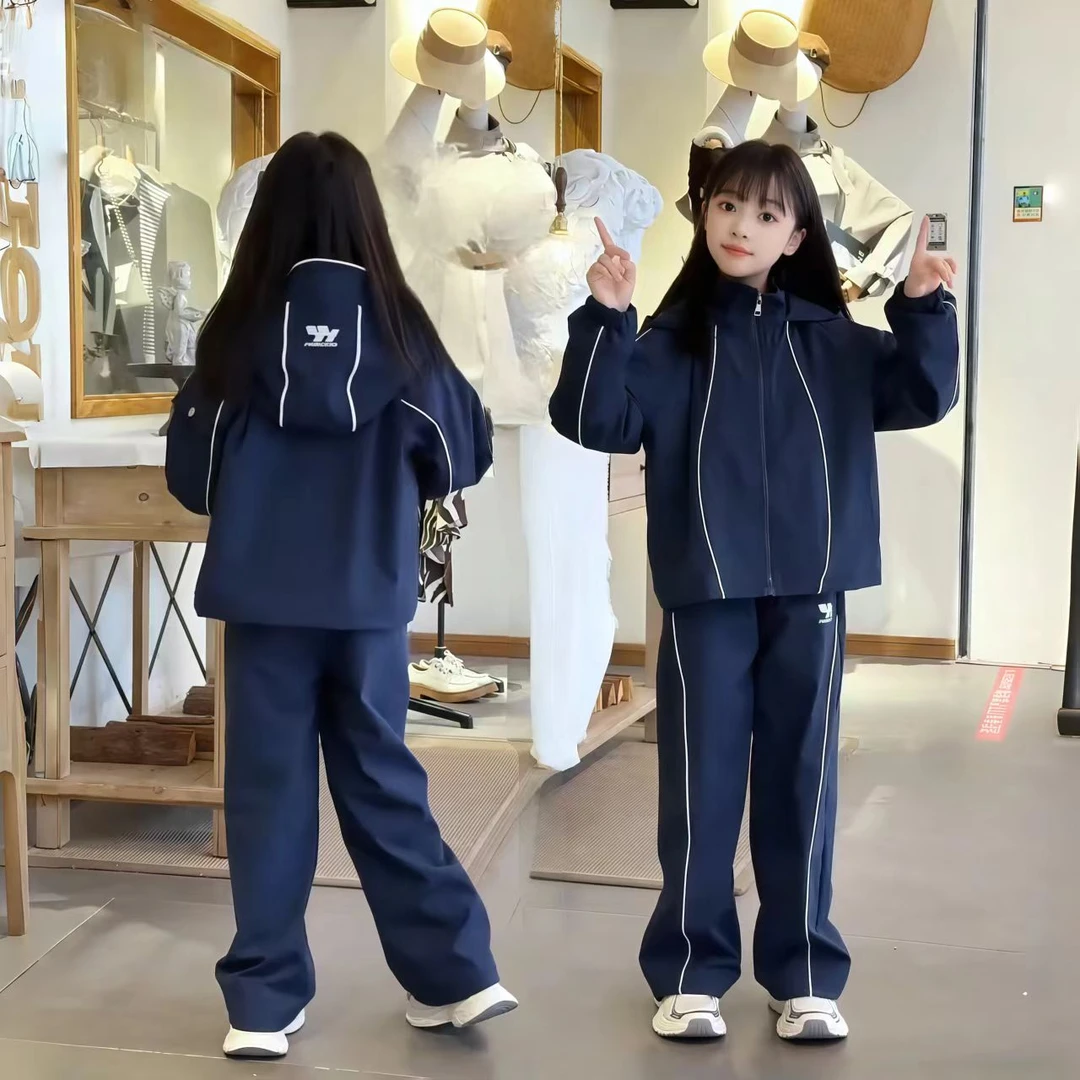 学院运动风女童加绒套装2025秋冬新款中大童休闲防风外套户外套装