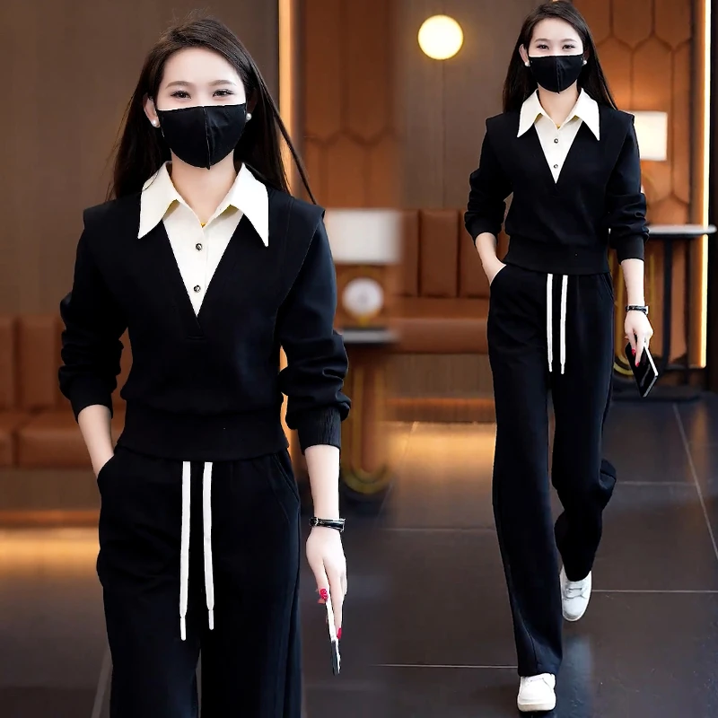 高含棉休闲运动服套装女2025春秋新款时尚假两件卫衣阔腿裤两件套