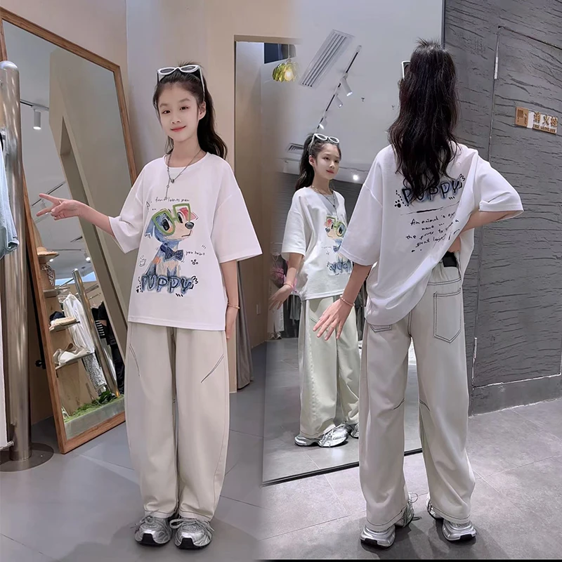 女童牛仔裤套装夏季2025洋气大童学生短袖T恤阔腿裤休闲时尚裤子