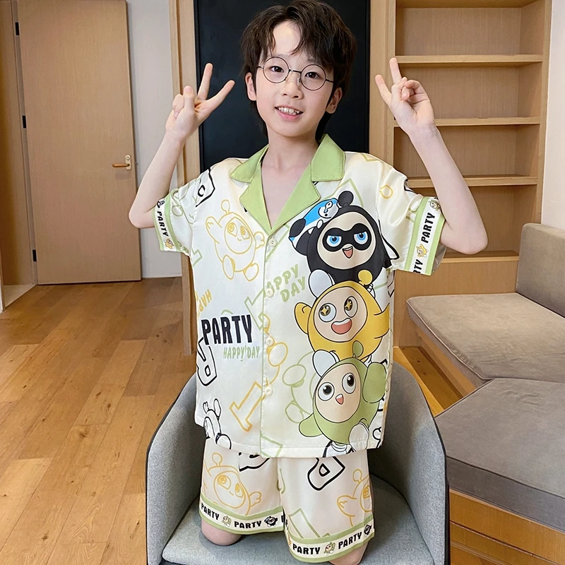 儿童睡衣冰丝开衫夏季薄款短袖卡通男童家居服中大童学生韩版套装